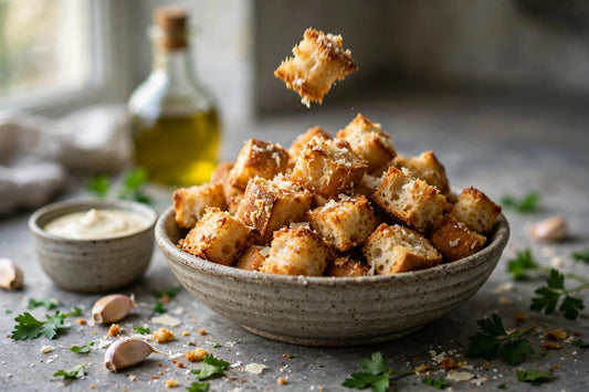 Crispy homemade sourdough discard croutons in a ceramic bowl