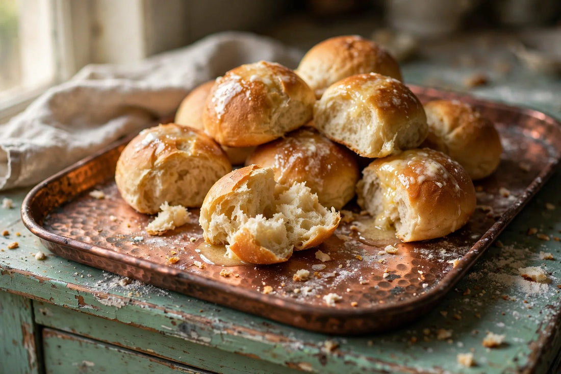 Soft golden sourdough discard dinner rolls piled on a hammered copper tray