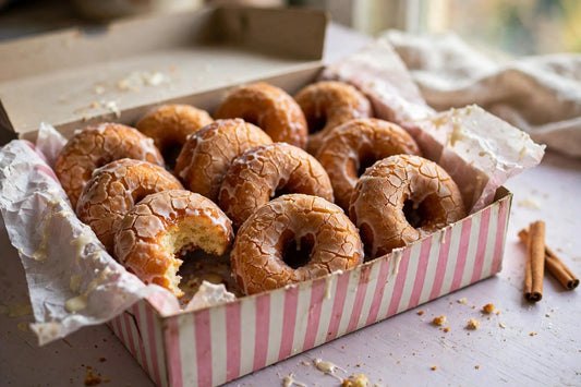 Glazed sourdough discard donuts with crackly vanilla glaze in a pink-striped bakery box