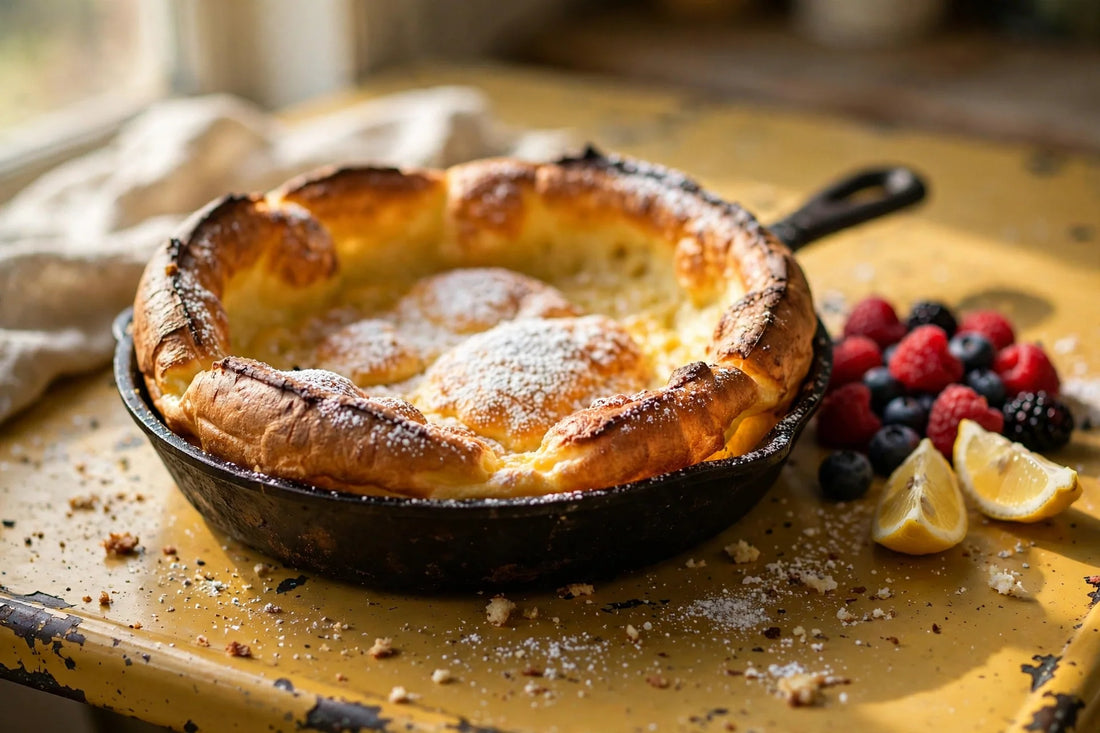 Puffy golden sourdough discard dutch baby in a cast-iron skillet with berries and lemon wedges