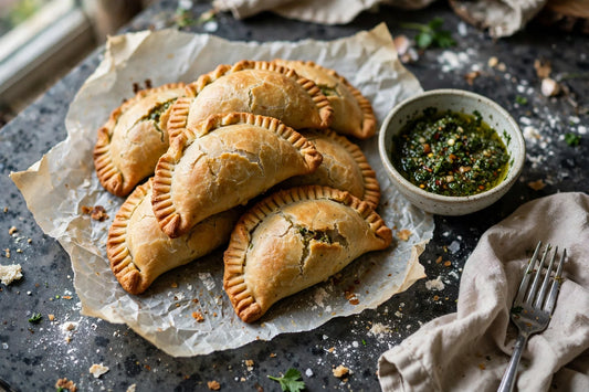 Golden baked sourdough discard empanadas with flaky crimped edges and chimichurri