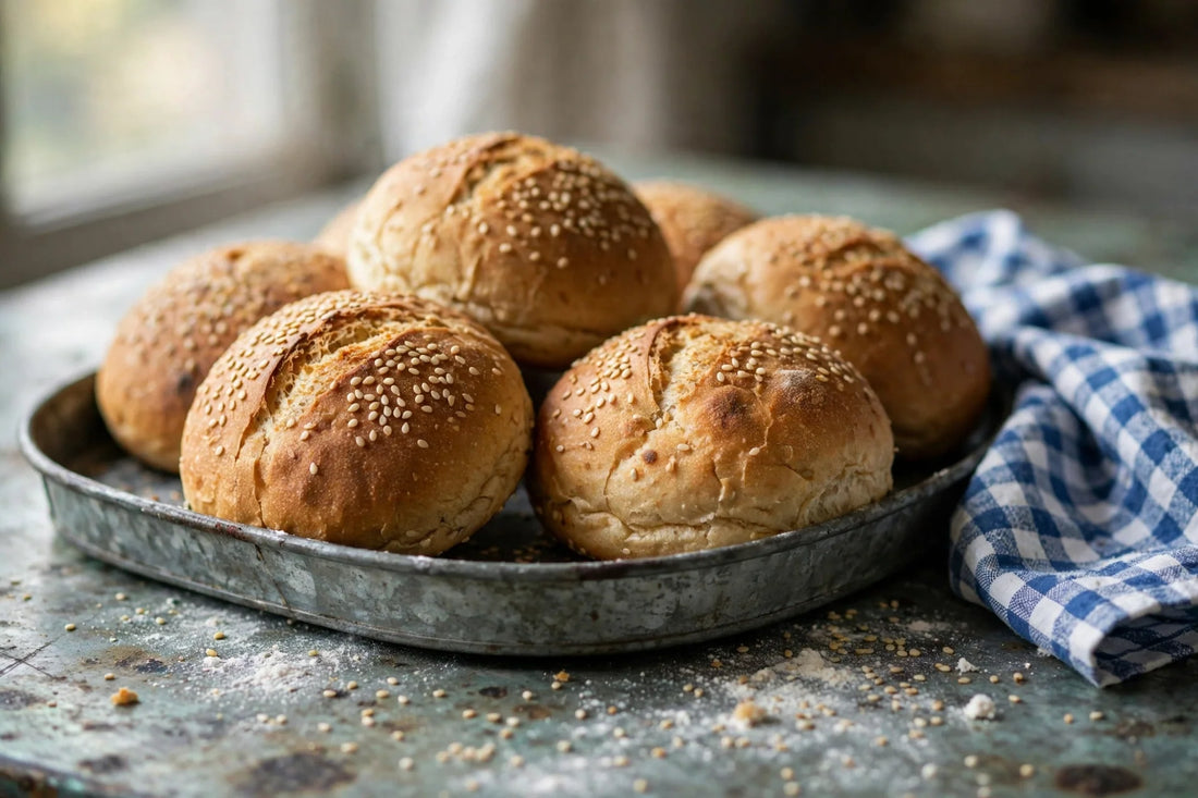 Golden homemade sourdough discard hamburger buns with sesame seeds on a galvanized steel tray