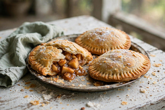 Flaky golden sourdough discard hand pies with spiced apple filling on a tin pie plate