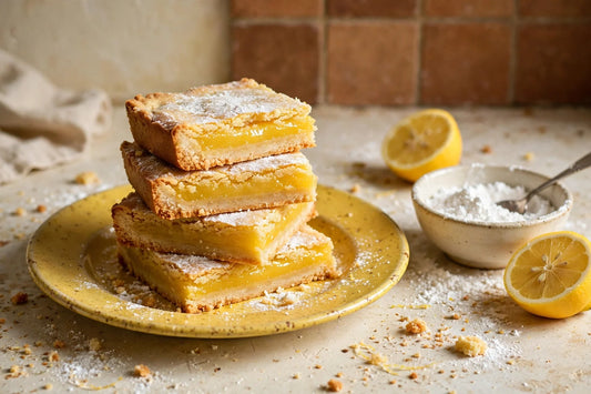 Sourdough discard lemon bars dusted with powdered sugar on a yellow plate
