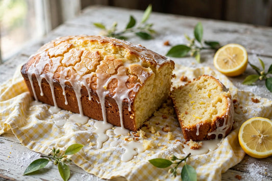 Homemade sourdough discard lemon drizzle loaf with glaze dripping down the sides, a cut slice showing moist crumb, halved lemons and lemon sprigs on a yellow gingham cloth