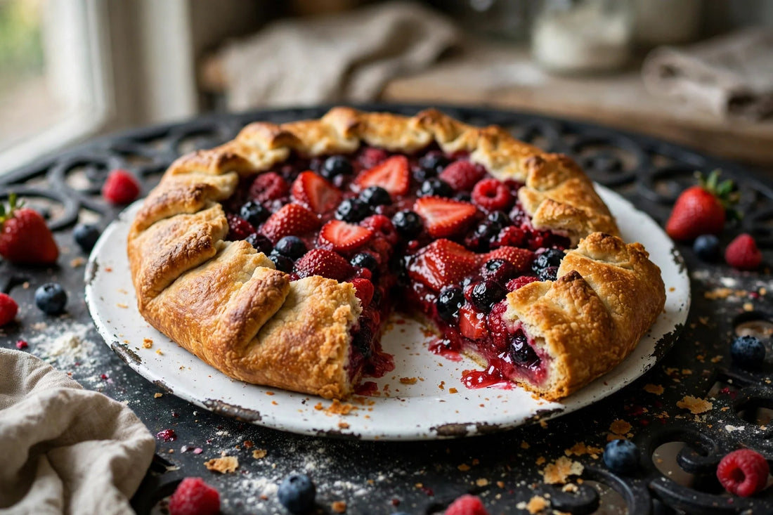 Rustic mixed berry galette with flaky golden sourdough crust on a chipped white enamel plate on a black wrought-iron cafe table