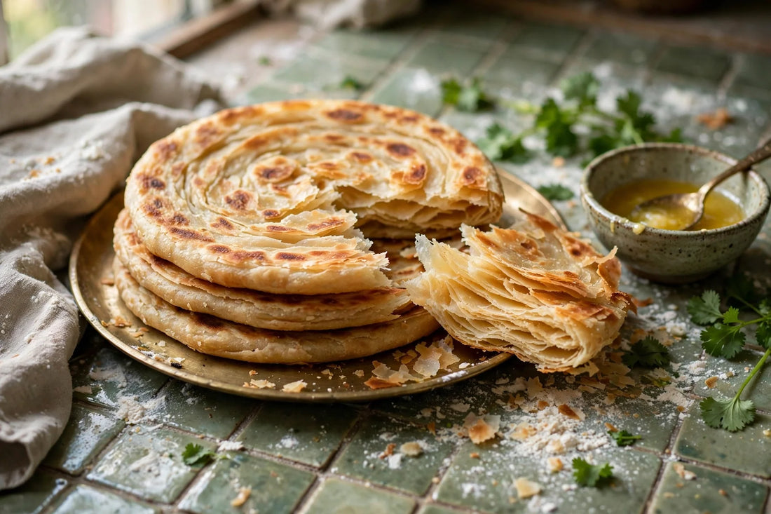Flaky sourdough discard paratha with buttery layers on a brass plate