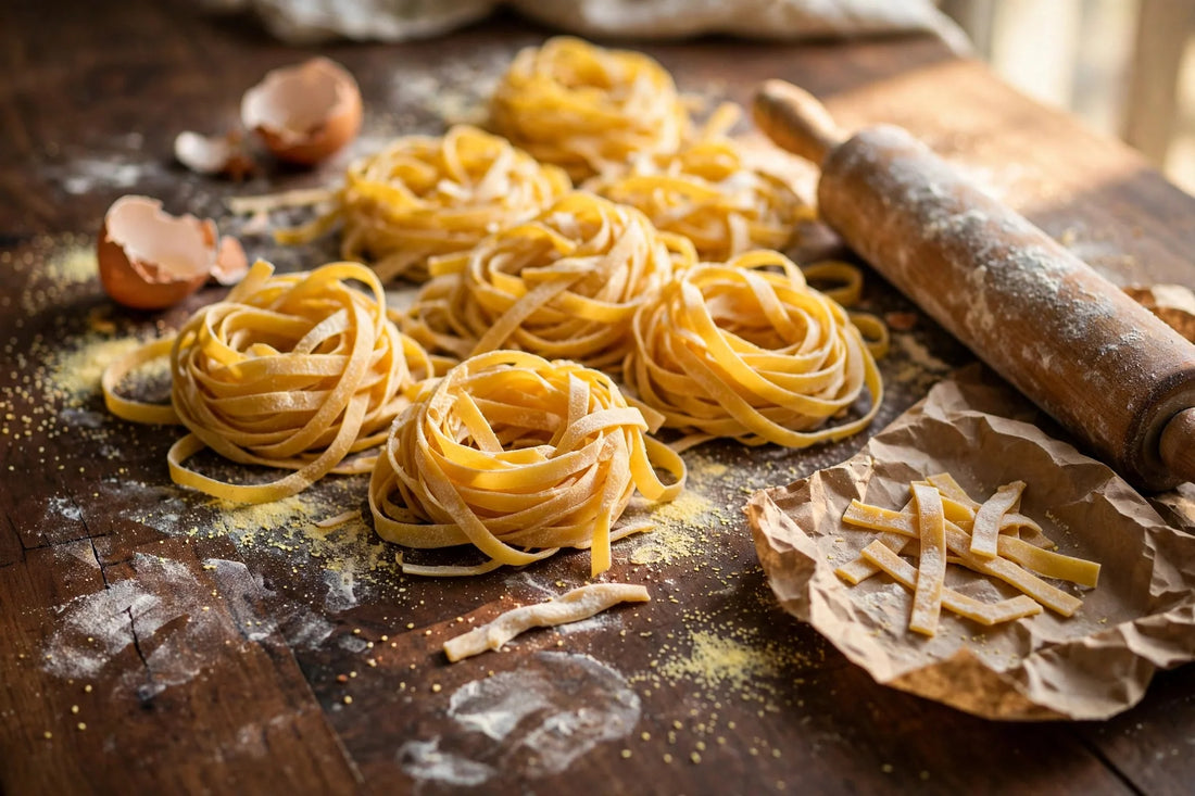 Fresh homemade sourdough discard fettuccine nests on a dark walnut plank table with flour, eggshells and a rolling pin