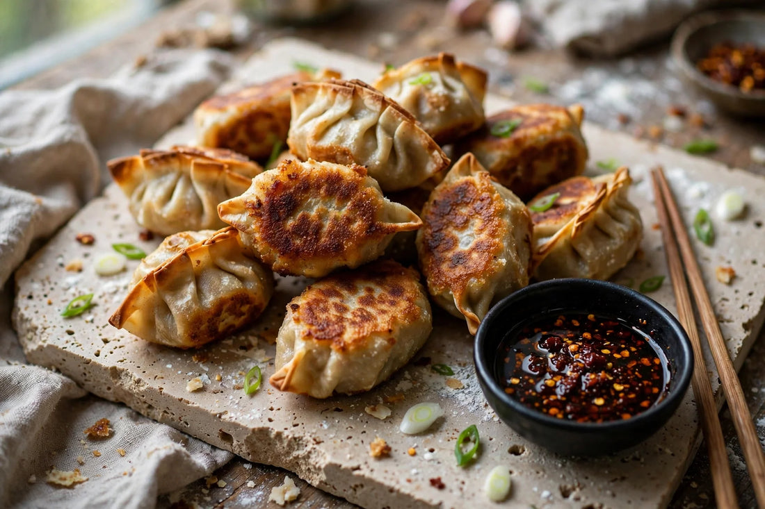 Golden pan-fried sourdough discard potstickers on a travertine slab with chili dipping sauce