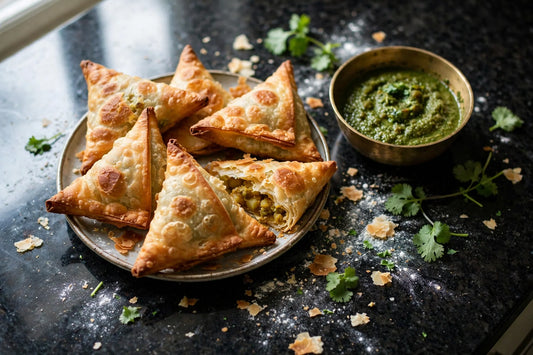 Golden crispy baked sourdough discard samosas with green chutney on a black granite countertop