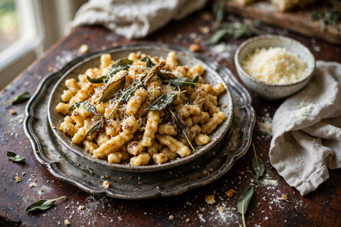 Sourdough discard spaetzle tossed in browned butter with crispy sage and parmesan