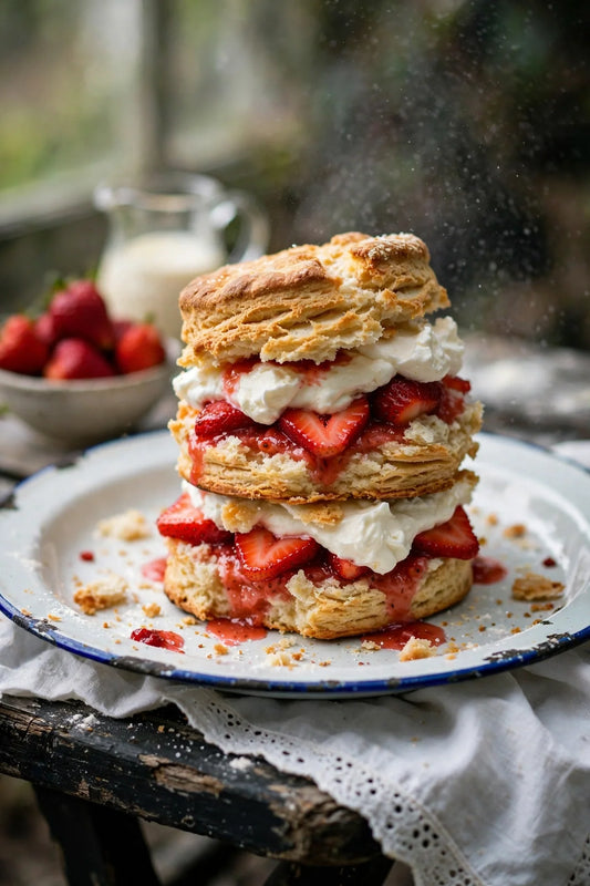 Sourdough discard strawberry shortcake: flaky biscuits layered with macerated strawberries and whipped cream