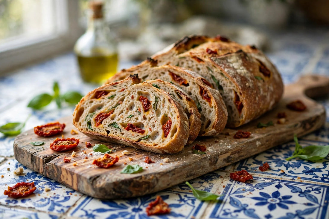 Sliced rustic sourdough discard sun-dried tomato bread with basil on an olive-wood board over blue-and-white Mediterranean tile