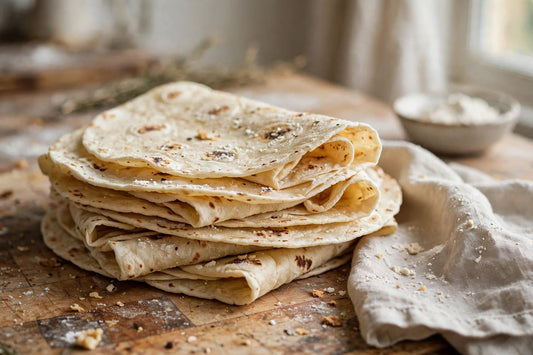 Stack of soft homemade sourdough discard tortillas with golden char spots on a wooden board