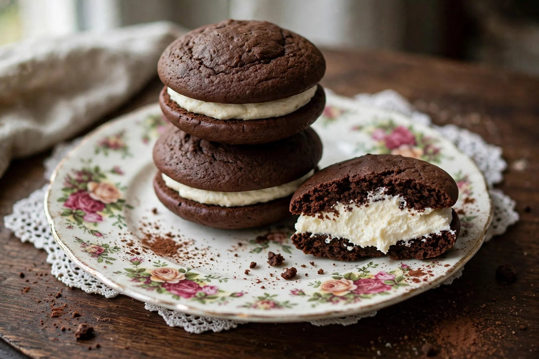Soft chocolate sourdough discard whoopie pies with vanilla cream filling on a vintage rose-patterned plate