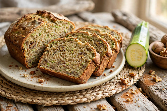 Moist homemade sourdough discard zucchini bread slices with walnuts on a stoneware plate, fresh garden zucchini and walnuts beside