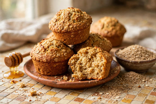 Golden sourdough discard honey bran muffins on a terracotta plate with a honey dipper and wheat bran bowl on a mosaic tile countertop