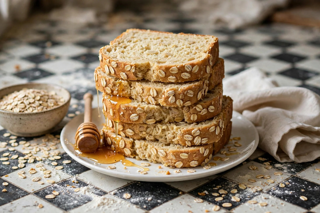 Sliced honey oat sandwich bread with honey drizzle and rolled oats on a checkerboard tile countertop