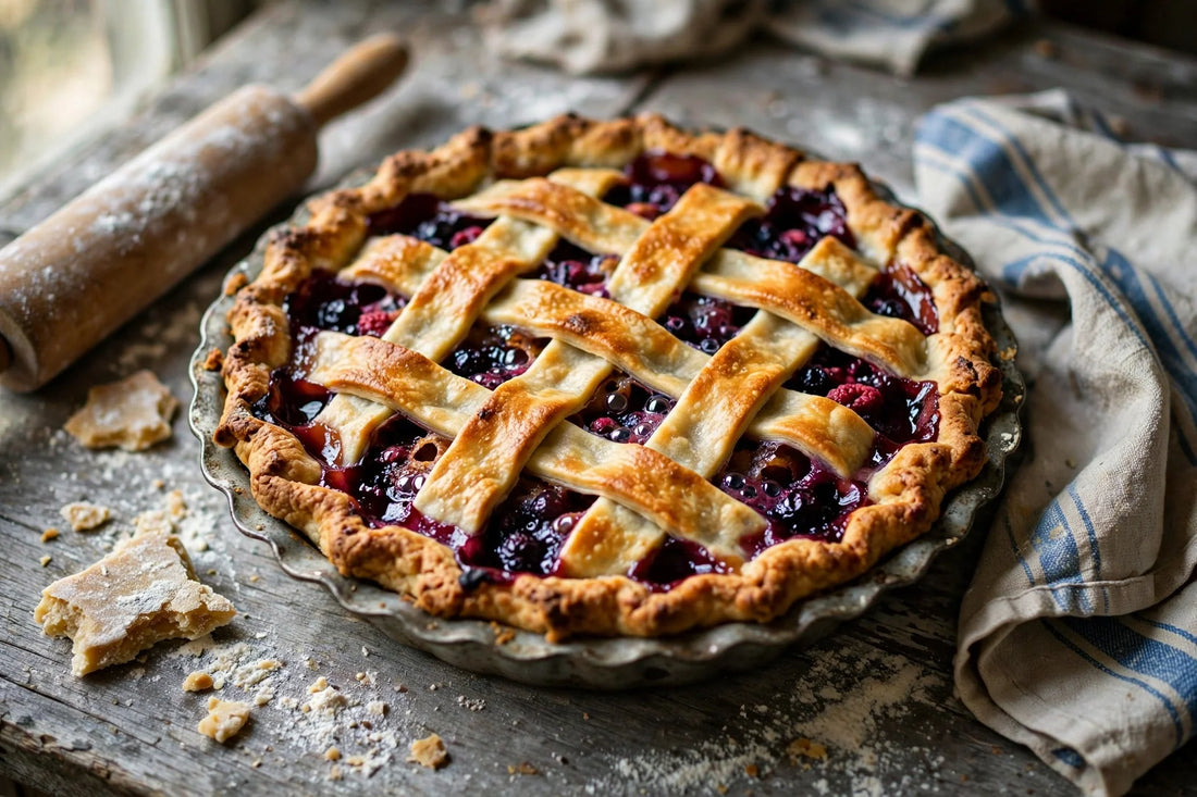 Freshly baked lattice-topped sourdough discard pie crust with bubbling berry filling on a rustic wood table