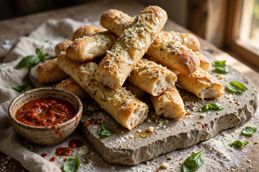 Soft sourdough breadsticks brushed with garlic butter and parmesan on a sandstone slab with marinara