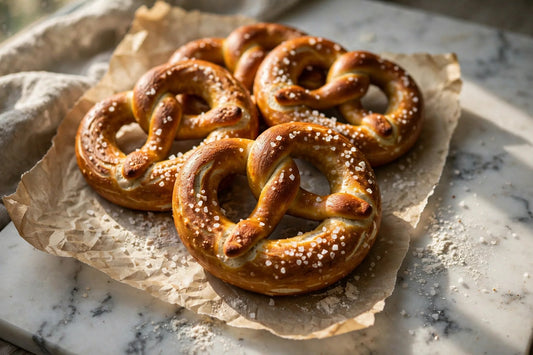 Golden homemade sourdough soft pretzels with coarse salt on parchment over white marble
