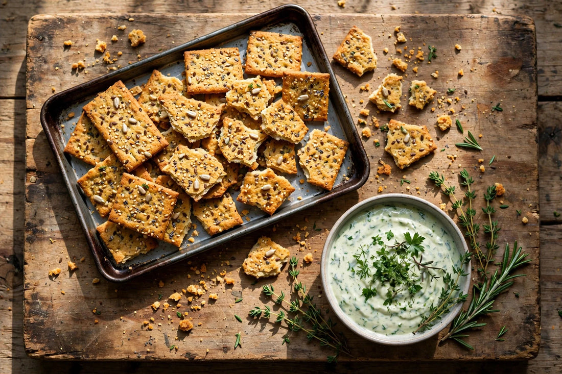 Tray of golden seeded sourdough crackers