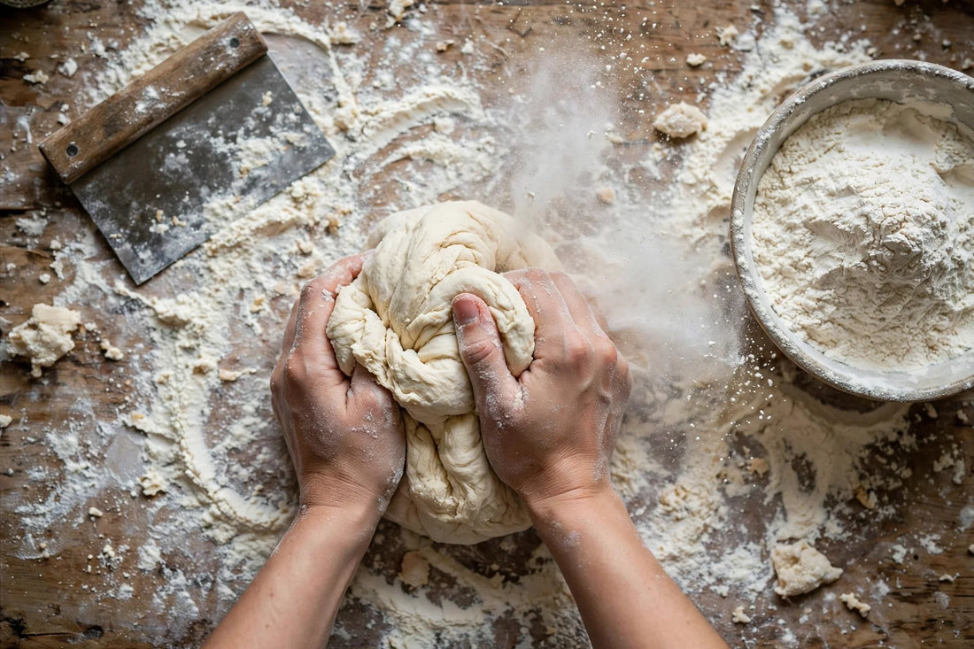 Hands kneading bread dough on a floured counter