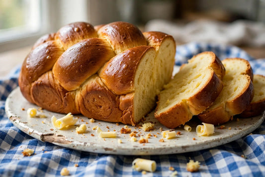 Braided golden brioche loaf sliced on a plate