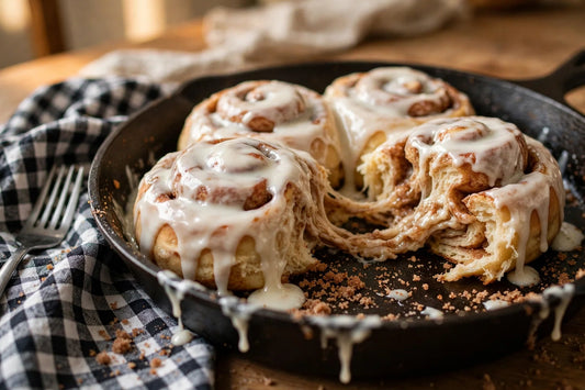 Pan of gooey glazed sourdough cinnamon rolls