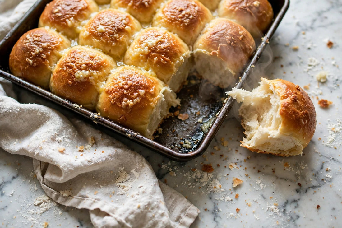 Golden pull-apart dinner rolls in a pan, one torn open