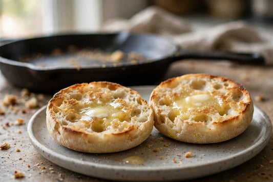 Split toasted sourdough English muffins with butter