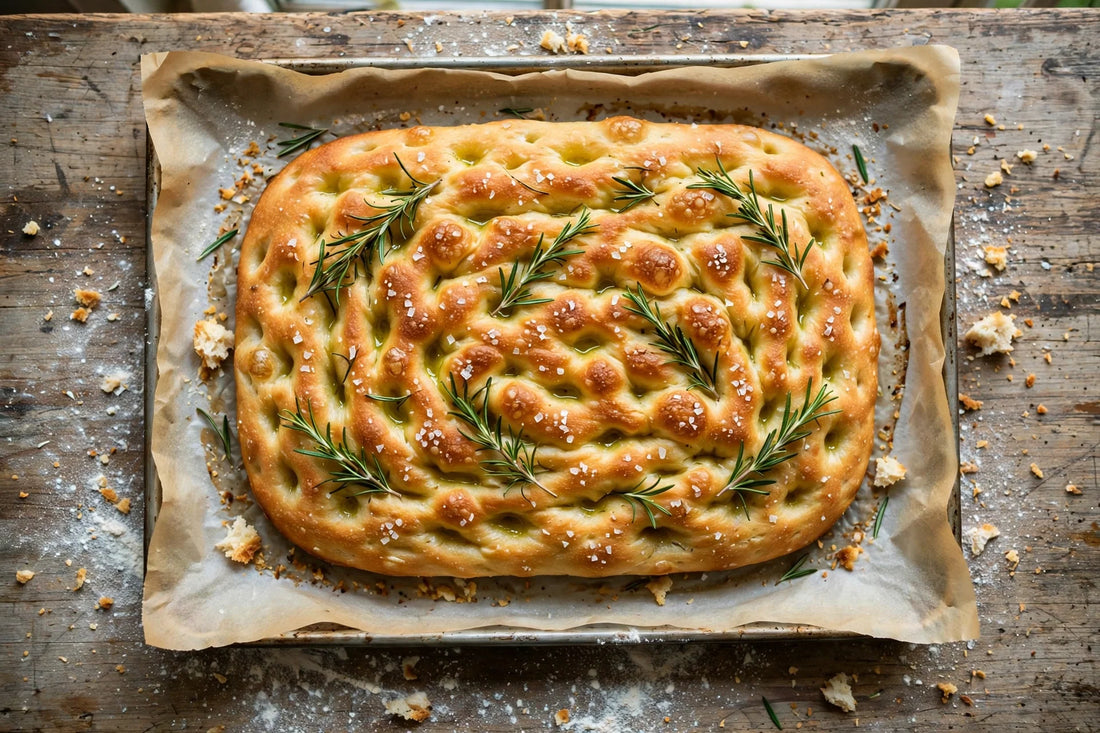 Golden rosemary focaccia with dimples on a baking sheet