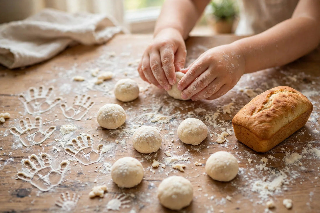 Child hands shaping small dough balls on a flour-dusted table