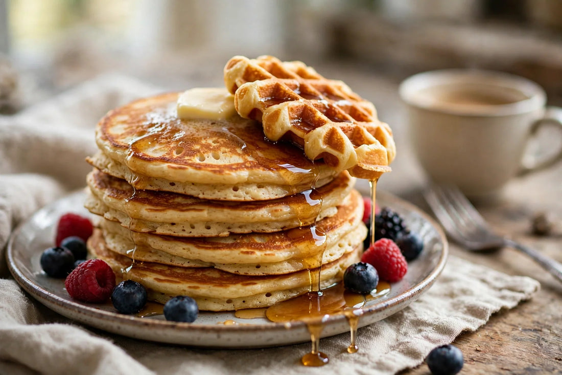 Stack of sourdough pancakes with berries and syrup