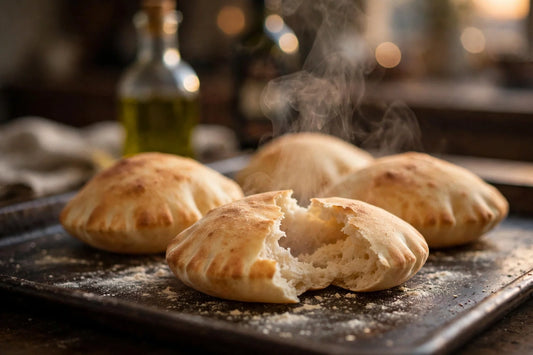 Puffed golden pita breads on a baking sheet, one torn open
