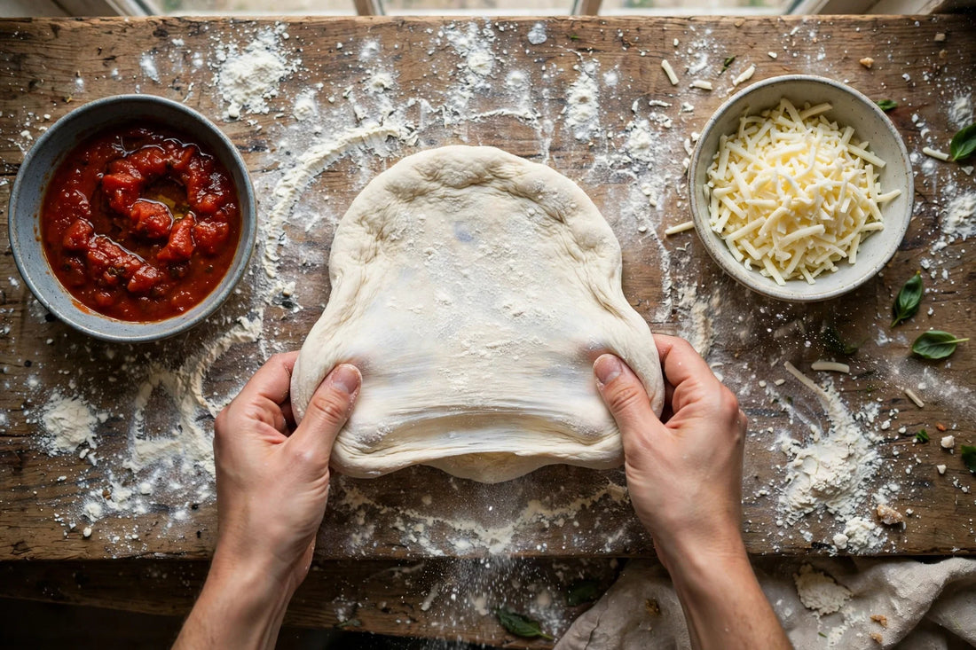 Hands stretching pizza dough on a floured counter