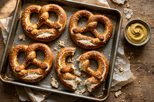 Tray of golden salted sourdough pretzels