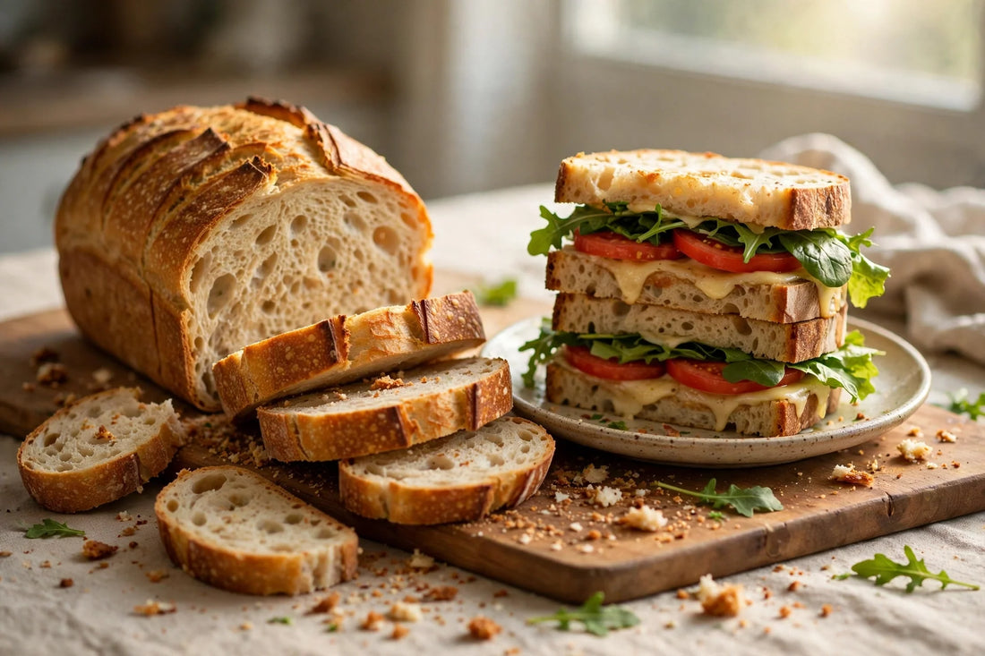 Sourdough sandwich loaf sliced with a stacked sandwich