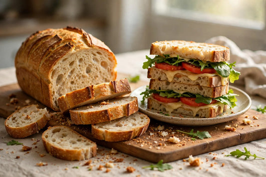 Sourdough sandwich loaf sliced with a stacked sandwich