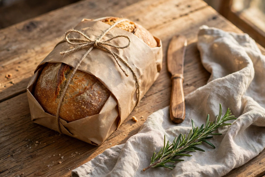 Loaf wrapped in brown paper tied with twine, gift style