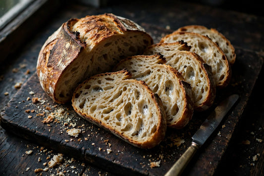 Sliced sourdough loaf with open crumb on a dark board