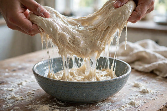 Hands stretching wet glossy sourdough dough over a bowl