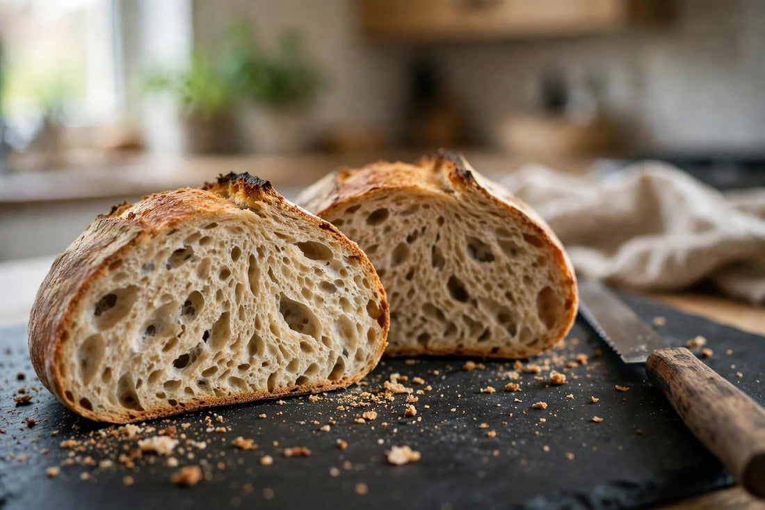 Sliced rustic sourdough loaf showing an open crumb on a dark board