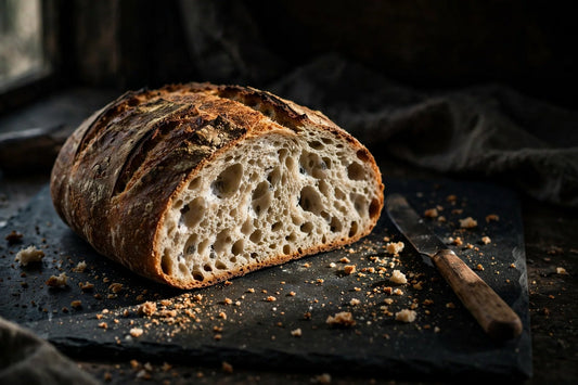 Sliced sourdough loaf with airy crumb on dark slate