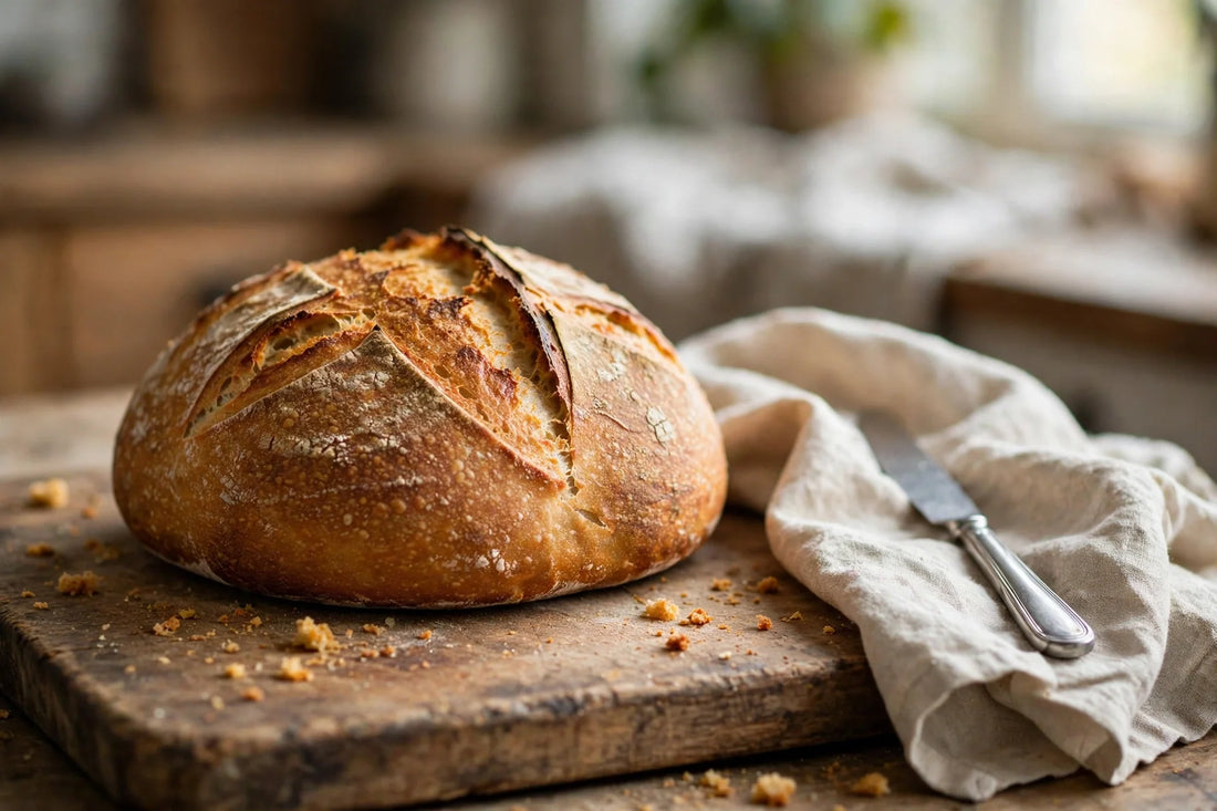 Freshly baked rustic sourdough boule cooling on a wooden board