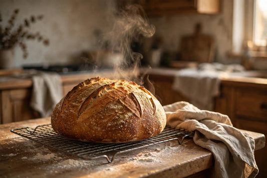 Crusty sourdough boule cooling on a wire rack