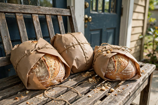 Loaves wrapped in brown paper on a porch bench