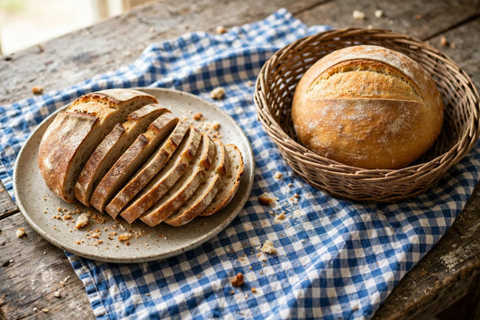 Sliced sourdough loaf on a plate beside a whole boule in a basket