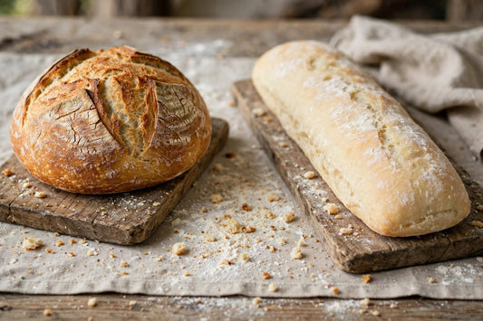 Two contrasting bread loaves side by side on boards