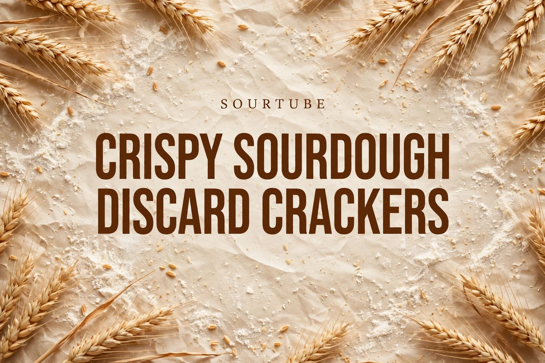 SourTube featured image: Crispy Sourdough Discard Crackers title on warm bakery background